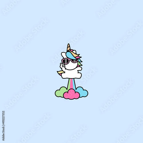 Cute Unicorn With Sunglasses Farting Rainbow Cartoon, Vector Illustration