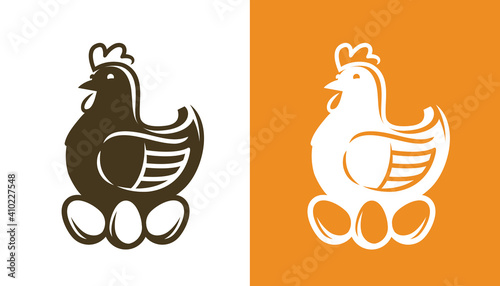 Chicken with eggs. Hen symbol or logo vector