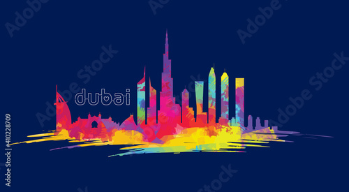 Dubai UAE vector illustration. city of Dubai in the United Arab Emirates, the symbols of the city skyscrapers hotels, stylish graphics. imitation of watercolor.