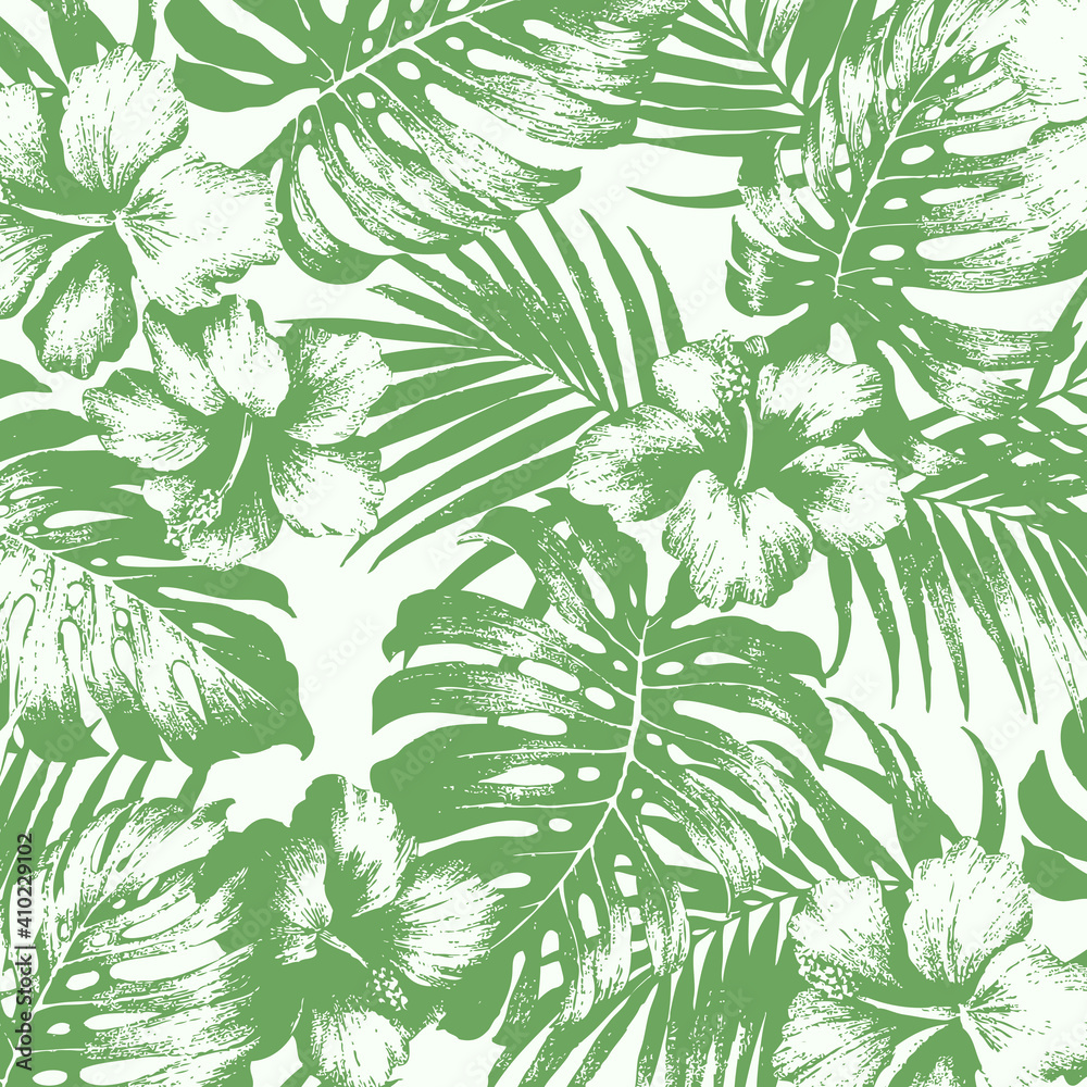 Fototapeta premium Beach vector seamless pattern. Tropical leaves. Jungle foliage illustration. Exotic plants. Summer beach floral design.
