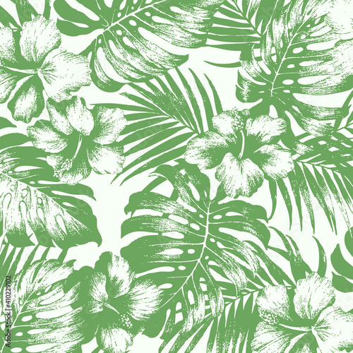 Beach vector seamless pattern. Tropical leaves. Jungle foliage illustration. Exotic plants. Summer beach floral design.