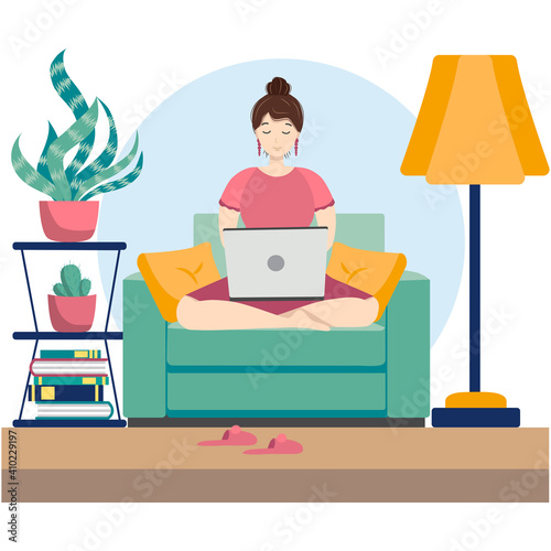 Cute young woman sitting on comfy chair with laptop computer in cozy room. Daily life of freelance worker, everyday routine.