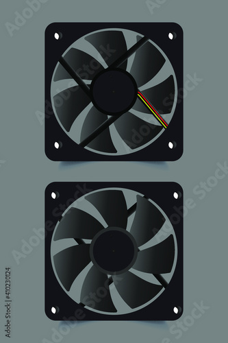 Computer cooler, PC hardware fan, vector computer fan illustration isolated on gray background