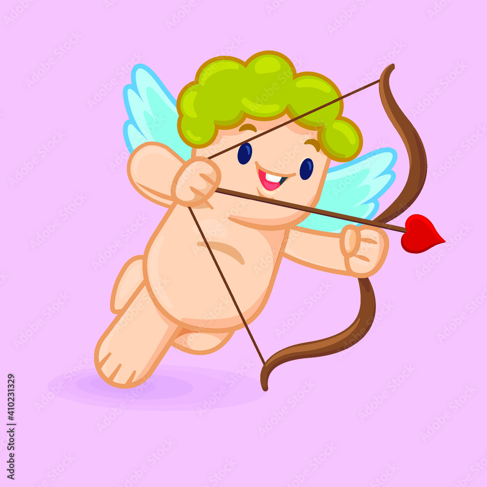 Cupido volando con arco y flecha en san valentín Stock Vector