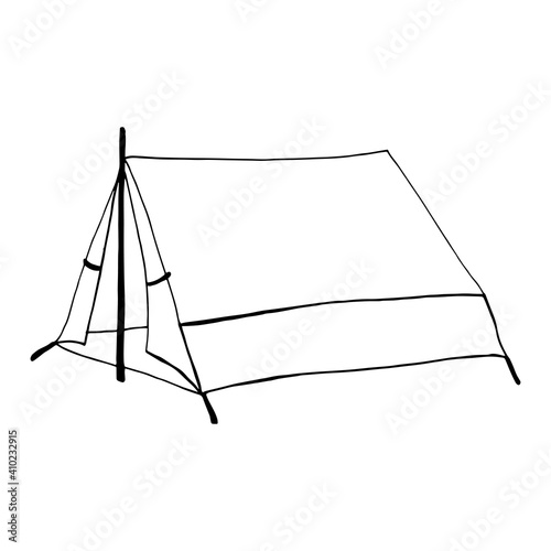 Vector illustration of camping tent in doodle style. Fixed unfolded tent. For summer camp flyers, prints, stickers, web, posters, stationery, travel blog design, tourism.Portable shelter made of cloth