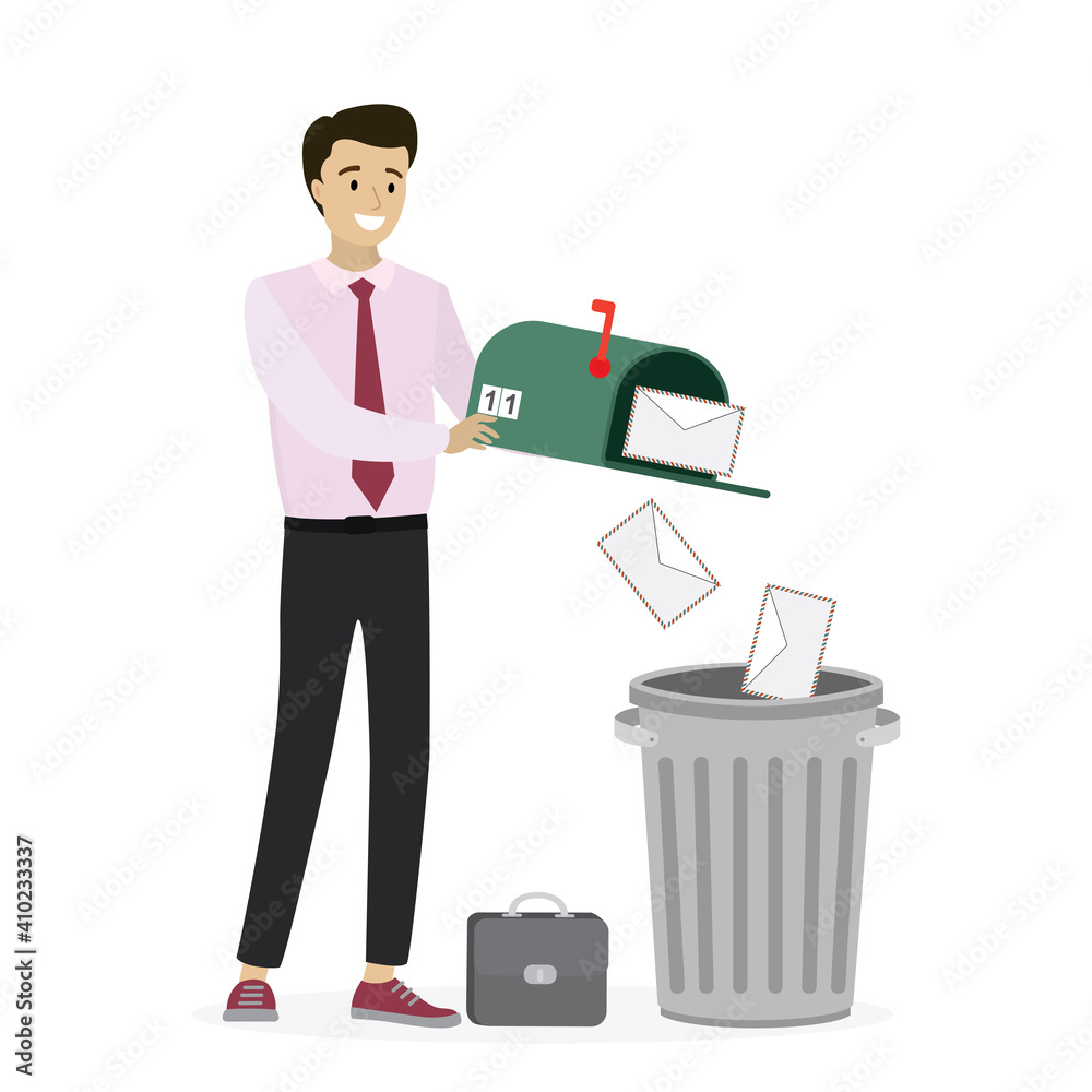 Male clerk throws letters into trash can. Caucasian businessman deletes spam or read mail from mailbox. File manager, deleting unnecessary files. Male clerk throws letters into trash can. Caucasian businessman deletes spam or read mail from mailbox. File manager, deleting unnecessary files.