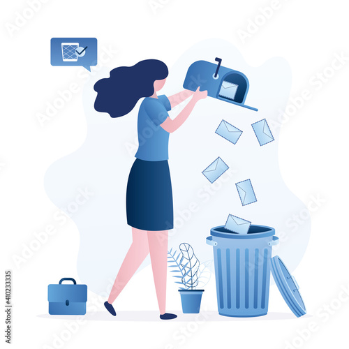 Female clerk throws letters into trash can. Funny businesswoman deletes spam or read mail from mailbox. File manager, deleting unnecessary files.