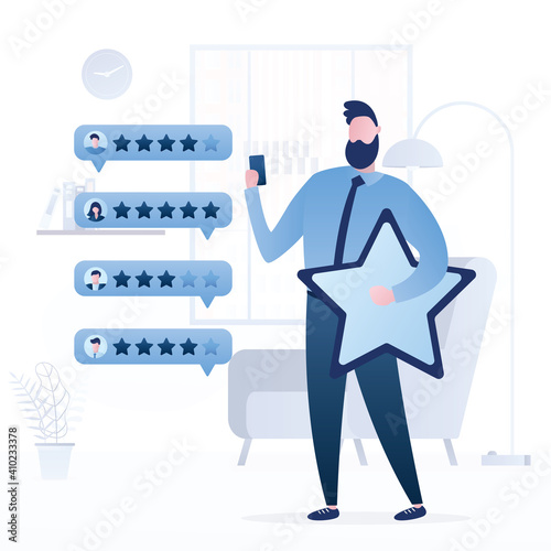 Handsome guy holds star and use mobile phone. Online survey, internet voting. Feedback concept banner.