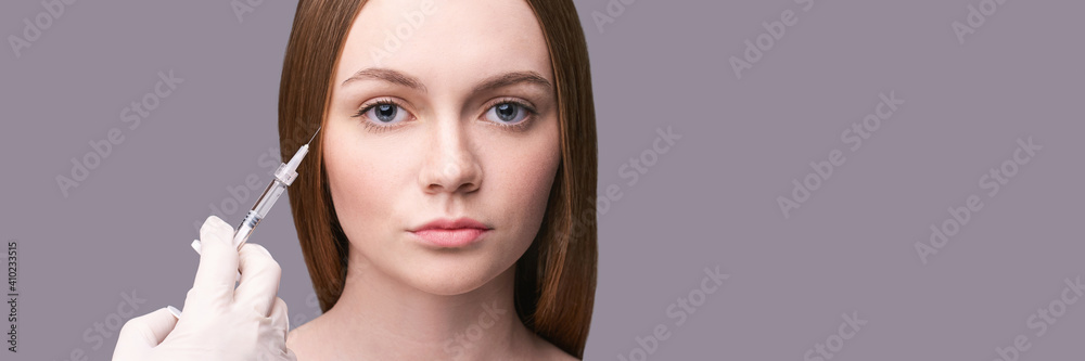 Closeup of rejuvenation eyes. Beauty female face. Plastic surgery. Healthcare concept. Medical cosmetology, dermatology. Spa treatment. Doctor hands in medicine glove. Horizontal banner with copyspace