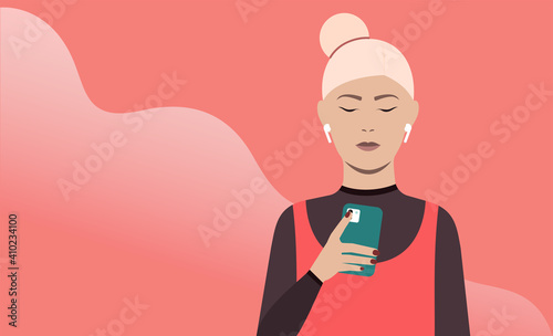 Wireless headphones Vector illustration in flat design Young girl in casual style is listening music through earphones Design concept with copy space