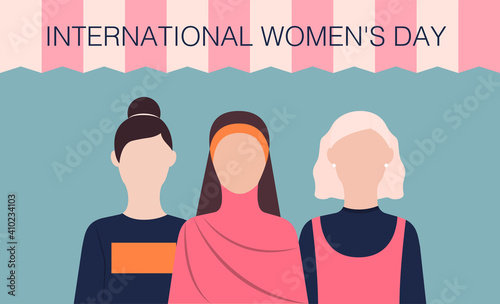 International women's day Vector illustration in flat design DIfferent women in casual style on blue background Female community and sisterhood