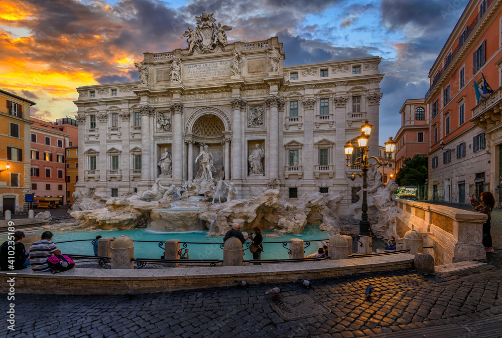 Sunset view of Rome Trevi Fountain (Fontana di Trevi) in Rome, Italy. Trevi is most famous fountain of Rome.