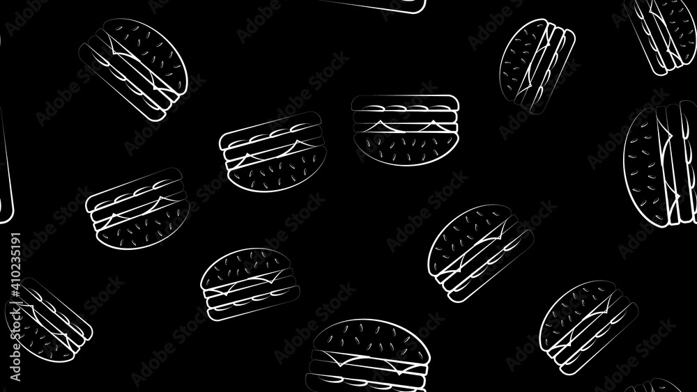 seamless pattern of black outline burgers. Background for banner, packaging, menu