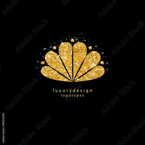Gold shine seashell sign. Golden element, decoration shell isolated on black background. Creative glitter sea or ocean symbol. Vector icon for intitation, wedding cards, banners