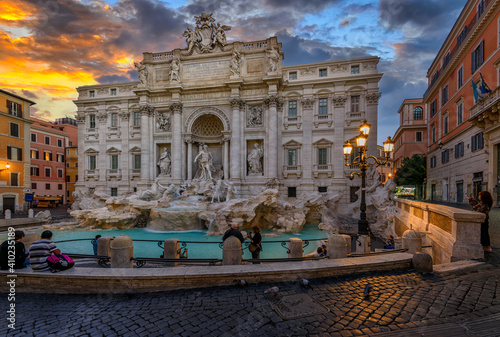 Sunset view of Rome Trevi Fountain (Fontana di Trevi) in Rome, Italy. Trevi is most famous fountain of Rome.