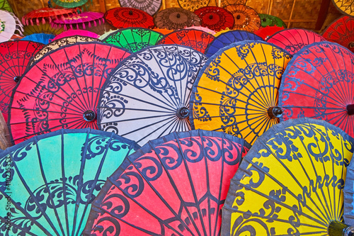 Close-up of Burmese umbrellas, Htilominlo Temple market, Bagan, Myanmar photo