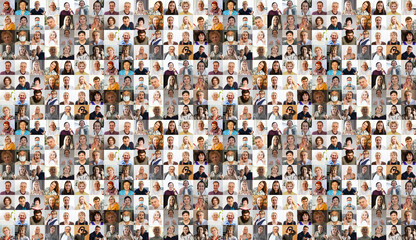 Hundreds of multiracial people crowd portraits headshots collection, collage mosaic. Many lot of multicultural different male and female smiling faces looking at camera. Diversity and society concept