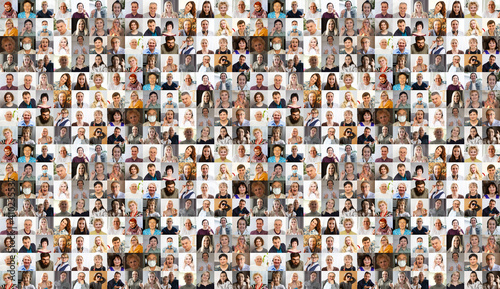 Hundreds of multiracial people crowd portraits headshots collection, collage mosaic. Many lot of multicultural different male and female smiling faces looking at camera. Diversity and society concept photo