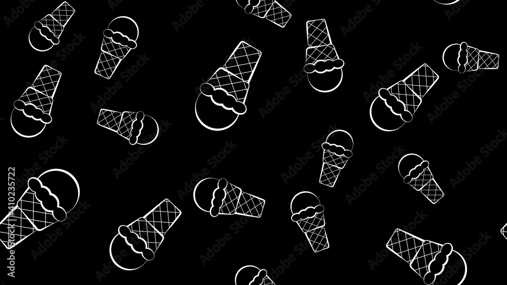 ice cream on a black background, pattern, illustration. appetizing, sweet, milky dessert. a lot of ice creams in waffle glasses. black and white drawing in pencil sketch style ice cream on a black background, pattern, illustration. appetizing, sweet, milky dessert. a lot of ice creams in waffle glasses. black and white drawing in pencil sketch style