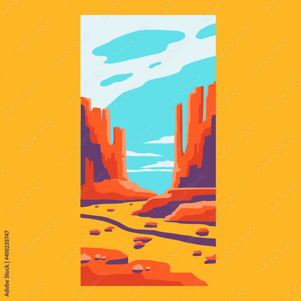 Naklejka premium Desert poster. Abstract mountain drawing, nature art t-shirt print, vintage outdoor adventure art, vector illustration