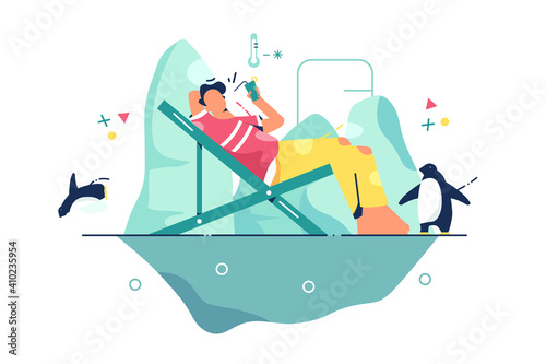 Person relax on iceberg vector illustration. Guy resting on ice cube with drink and penguins around flat style. Leisure  winter  holiday concept. Isolated on white background