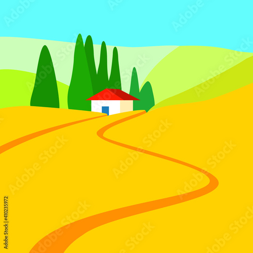 Italian Tuscany vector landscape with yellow field, cypress trees and small white red roof house