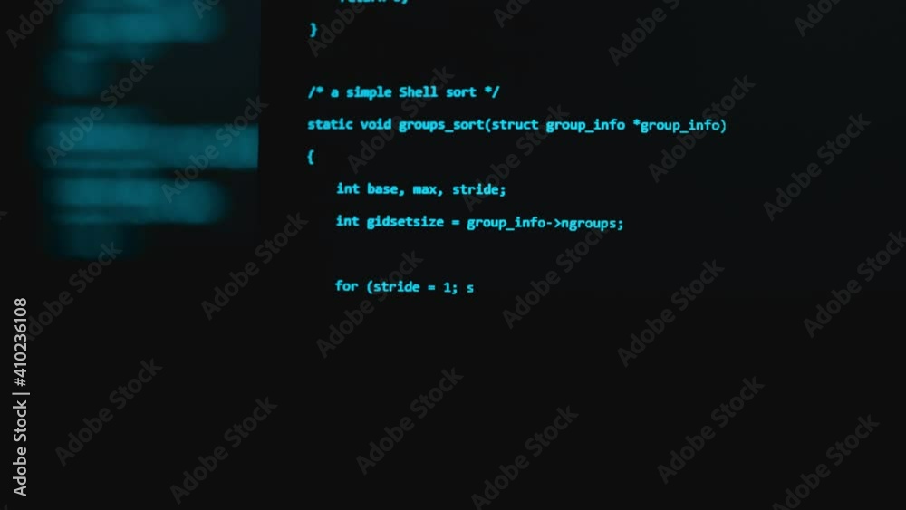 Modern tech. Program development and blockchain concept. Developer working on program codes in office. Shallow depth of field bokeh, selective focus effect. Hacking or protection data