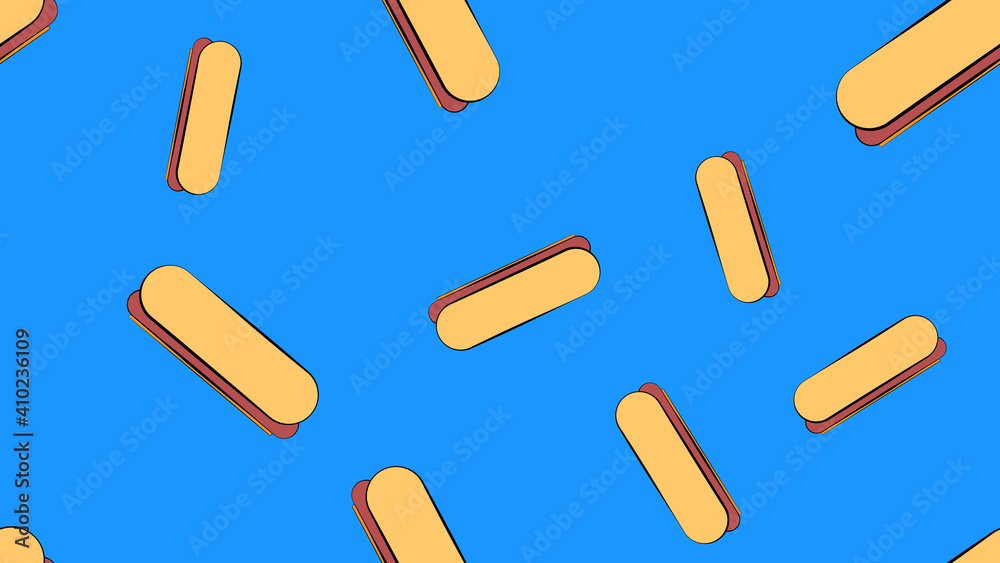 hot dog on a blue background, illustration, pattern. sausage sandwich, stuffed, appetizing bun. wallpaper for kitchen, restaurant and cafe. illustration for catering decor hot dog on a blue background, illustration, pattern. sausage sandwich, stuffed, appetizing bun. wallpaper for kitchen, restaurant and cafe. illustration for catering decor