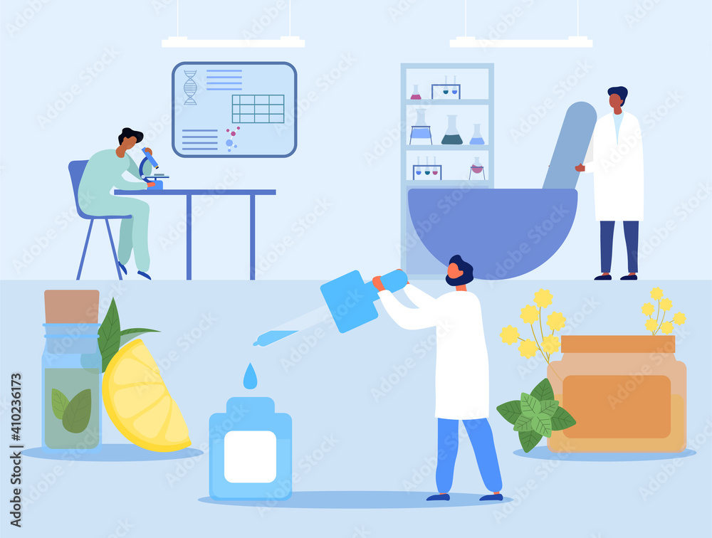 Male characters are preparing natural remedies step-by-step. Male researchers and scientists working with professional equipment in laboratory. Flat cartoon vector illustration