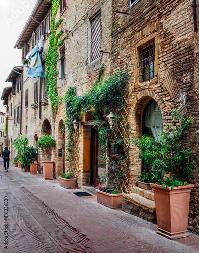 Old street in San Gimignano  Tuscany  Italy. San Gimignano is typical Tuscan medieval town in Italy
