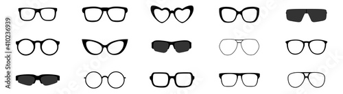 Glasses different shapes. Vector collection of modern eyeglasses. Cool sunglasses.