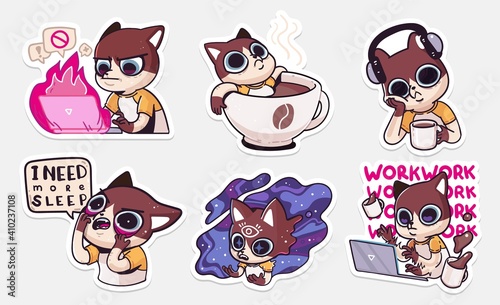 Illustration of a cat busy with daily household chores. Set of stickers. Vector illustration