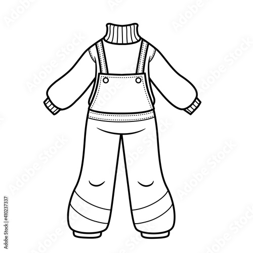 Warm sweater and winter or autumn warm jumpsuit for girl outline for coloring on a white background