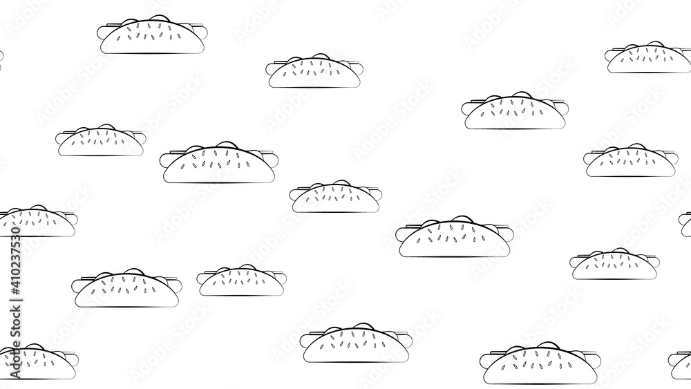 sausage sandwich on white background, illustration, pattern. hot dog stuffed with sesame seeds. wallpaper for kitchen, restaurant and cafe. black and white illustration in pencil style sausage sandwich on white background, illustration, pattern. hot dog stuffed with sesame seeds. wallpaper for kitchen, restaurant and cafe. black and white illustration in pencil style