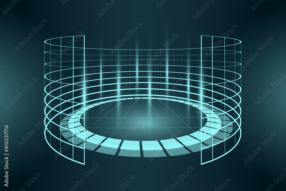 Futuristic blue neon light virtual reality arena. Abstract circle sci-fi elements cyberspace portal. VR cylinder platform podium. Teleport digital pedestal. Base stand template vector eps illustration Futuristic blue neon light virtual reality arena. Abstract circle sci-fi elements cyberspace portal. VR cylinder platform podium. Teleport digital pedestal. Base stand template vector eps illustration