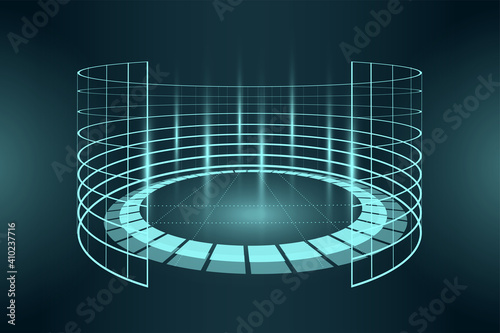 Futuristic blue neon light virtual reality arena. Abstract circle sci-fi elements cyberspace portal. VR cylinder platform podium. Teleport digital pedestal. Base stand template vector eps illustration