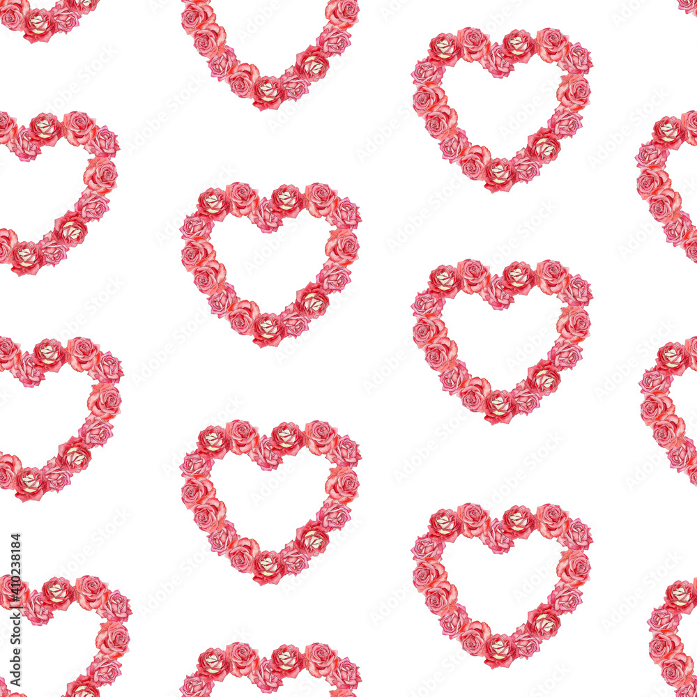 Watercolor seamless pattern with roses and heart shapes. Hand drawn valentines day illustration for fabric, wrapping paper, any print design