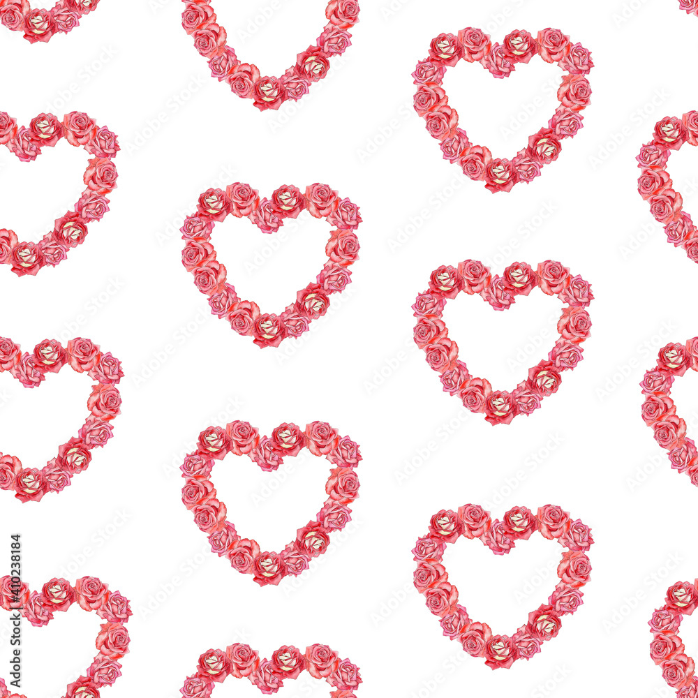 Watercolor seamless pattern with roses and heart shapes. Hand drawn valentines day illustration for fabric, wrapping paper, any print design Watercolor seamless pattern with roses and heart shapes. Hand drawn valentines day illustration for fabric, wrapping paper, any print design