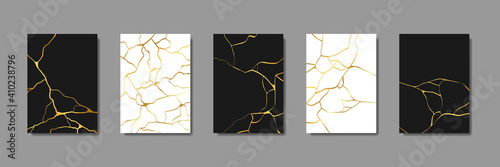 Collection of gold kintsugi cover design templates. Golden crackle texture background. Luxury broken marble stone pattern for wedding invitation, card, flyer or social media photo
