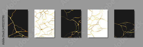 Collection of gold kintsugi cover design templates. Golden crackle texture background. Luxury broken marble stone pattern for wedding invitation, card, flyer or social media