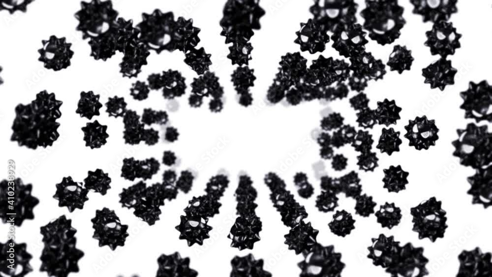 Flying many virus in cartoon character on white background. Medical concept. Funny black virus mascot with angry. 3D loop animation. Flying many virus in cartoon character on white background. Medical concept. Funny black virus mascot with angry. 3D loop animation.
