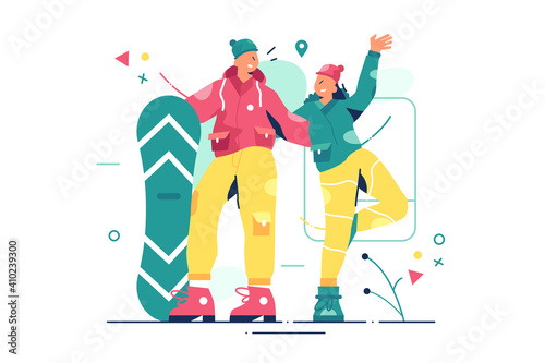 Couple of snowboarders posing vector illustration. Man and woman in special suits with boards flat style. Fun outdoor activity, skiing and hobby concept. Isolated on white background