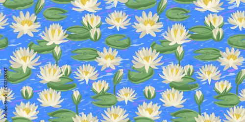 Lotus flower seamless pattern, background with water lillies. Botanical illustration style. Stock vector illustration background