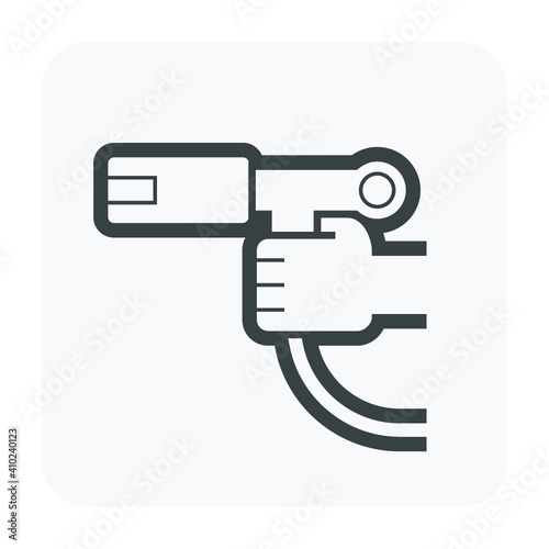 Automatic refuelling nozzle for natural gas vector icon. Include hand, hose pipe or tube. Tool or equipment for service in filling station. To refill energy product i.e. NGV, CNG to vehicle tank.