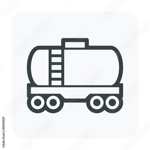 Tank car or railroad car icon. Also called tank wagon or tanker wagon. For transport liquid and gaseous commodities i.e. oil, gas, gasoline, diesel, milk, wine, juice, water and industrial chemical.