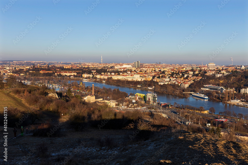 Winter Prague City from the Hill Devin in the sunny Day, Czech Republic