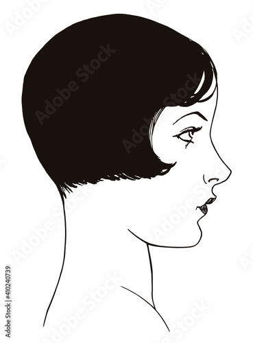 Fotobehang Head of young woman from the twenties with bob haircut in profile view