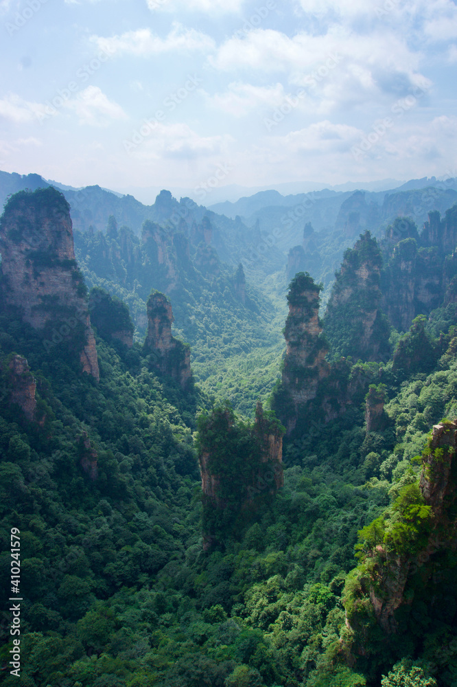 Naklejka premium Zhangjiajie Cliff Mountains - National Forest Park Landscape in China. Dark Avatar Mountains. Mysterious and gloomy cliffs. 
