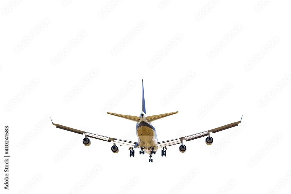 rear view of airplane for commercial passenger or cargo transportation fly and spread the wheel for landings to airport isolated on white background with clipping path rear view of airplane for commercial passenger or cargo transportation fly and spread the wheel for landings to airport isolated on white background with clipping path