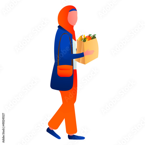Muslim women, daughter brings shopping. Stay at home